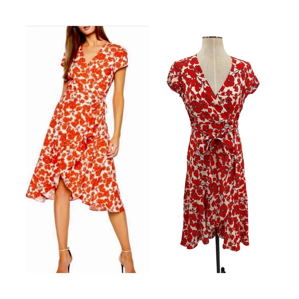 Bardot Fiesta Red Floral Wrap Midi Dress Tie Waist V Neck Short Sleeve XS US 4